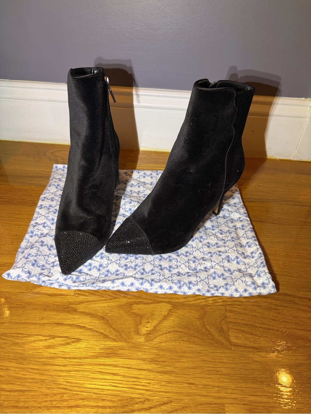 Sarah Flint Black Pointed Toe Ankle Boots with Crystal Toe and Heel